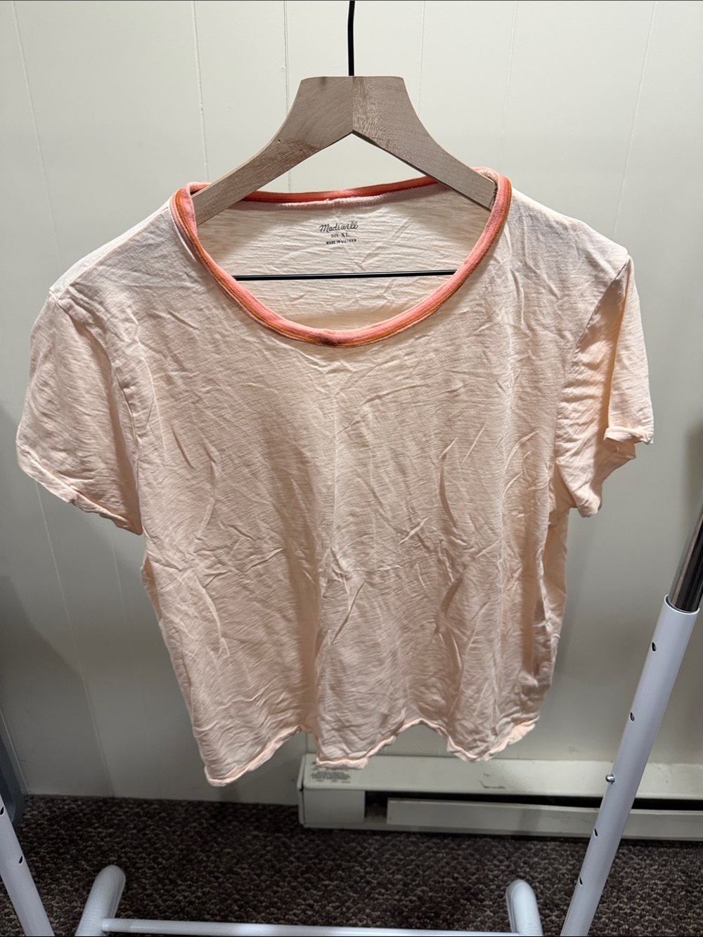 Madewell Peach Short Sleeve Tee with Coral Neckline